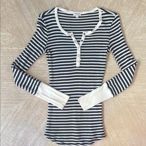 Splendid Navy and White Striped Henley Long Sleeve Top